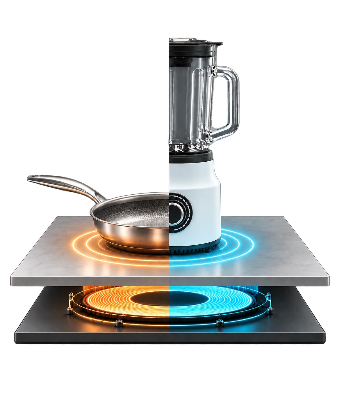 Sartén y batidora sin cables funcionando sobre una única superficie Dual Induction